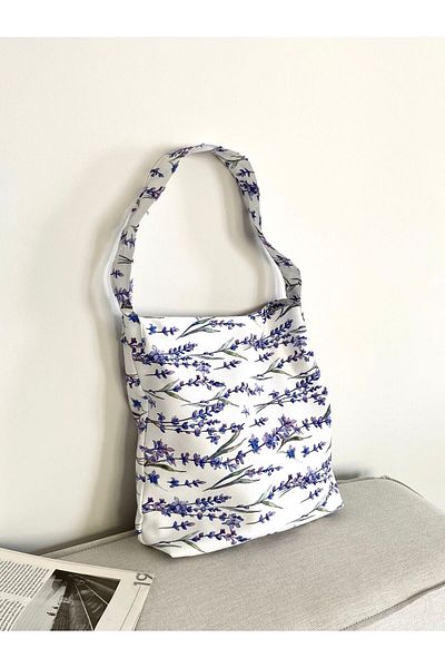 LUNAFEL Purple Lavender Patterned Baguette Tote Bag - Medium Size