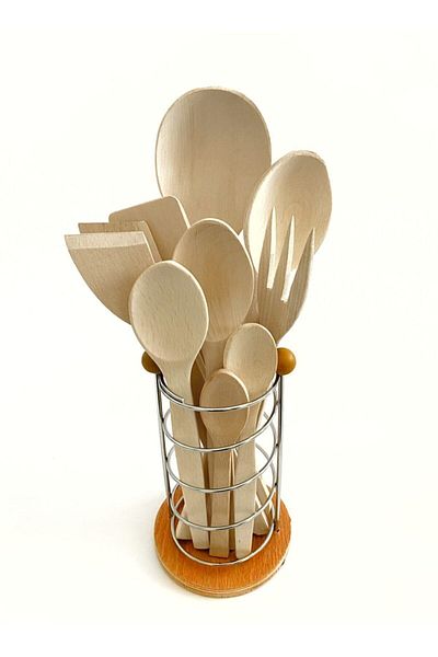 Kitchen Mania 10 Piece Wooden Spoon Wooden Spatula Serving Ladle Fork Tongs Set with Metal Stand