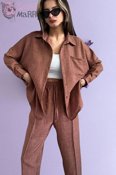 PARLAMARRY Brown Linen Women's Shirt and Trousers Set - String Design