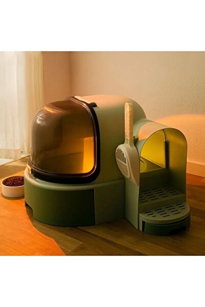 TechTic Star Tüneli Çekmeceli Kedi Tuvaleti Kürek Hediyeli Kedi Kum Kabı Yeşil