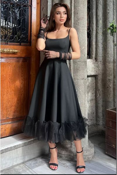 Masspera Tulle Design Midi Length Flared Evening Dress - Adjustable Strap Dress