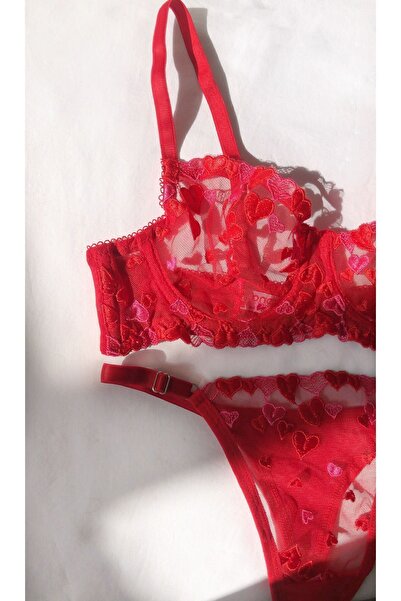 ARONA Red Tulle Underwire Bralette Set with Red Pink Heart Embroidery on Red Tulle