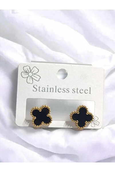 Çelik Kararmaz Oniks Taşlı Yonca Küpe Gold + Siyah Hediye Kutulu