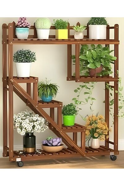 EHFM TİÇARET Ahşap Kare Çerçeve Tekerlekli Saksılık Çiçeklik Standı