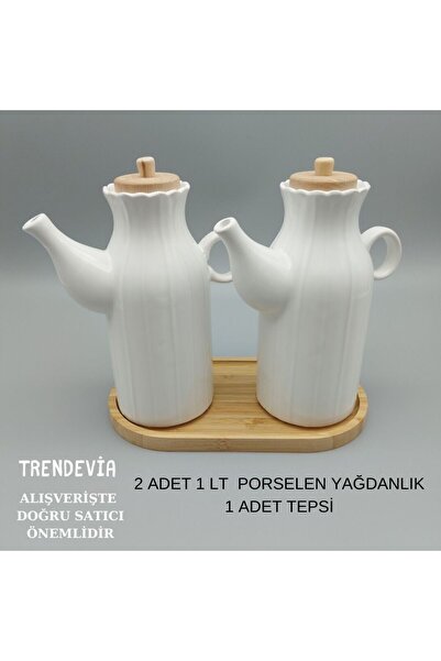 Genel Markalar Trendevia 2 Adet 1 Lt Porselen Yağdanlık Ve Bambu Altlık Stand...