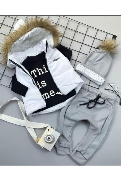CFR Baby Boy Hooded White Inflatable Vest Furry Bottom Gray 4-Piece Set