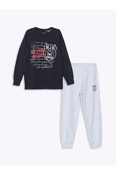LC Waikiki Пижамен комплект с дълъг ръкав и щампа Beşiktaş с черна черна яка LCW DREAM