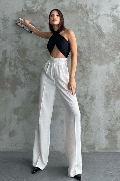 Yefrastore White Linen Palazzo Trousers - Double Buttons and Pleats