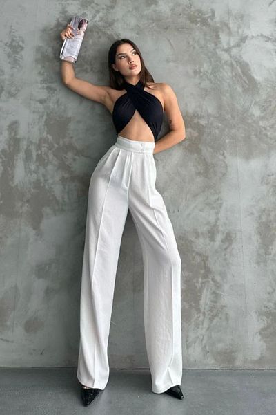 Yefrastore White Linen Palazzo Trousers - Double Buttons and Pleats