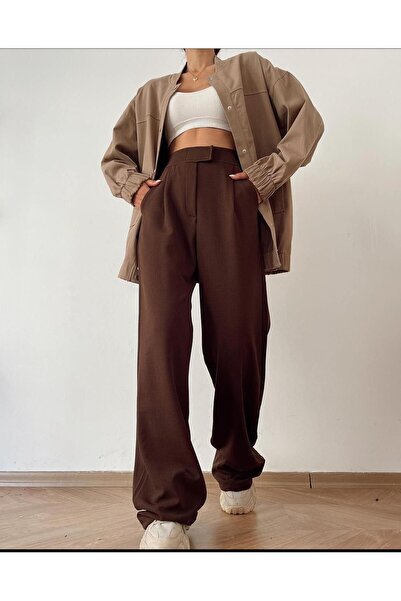 Tommes Butik بنطال Palazzo نسائي من القماش المزدوج مع إغلاق فيلكرو - بني