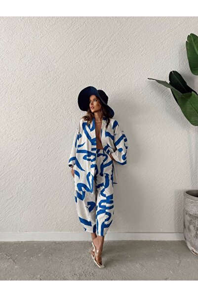 Tommes Butik طقم شالوار كيمونو نسائي منقوش من الكتان