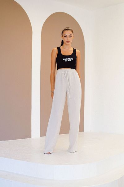 devesta High Waist Linen Palazzo Trousers - Cream String