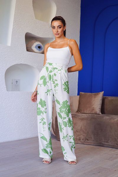 devesta High Waist Green Floral Patterned Trousers