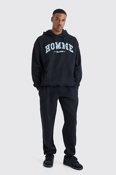 Mythologie Homme Worldwide Tracksuit Set - Black Printed Suit Jogger Sweatshirt Rubber Leg Hooded