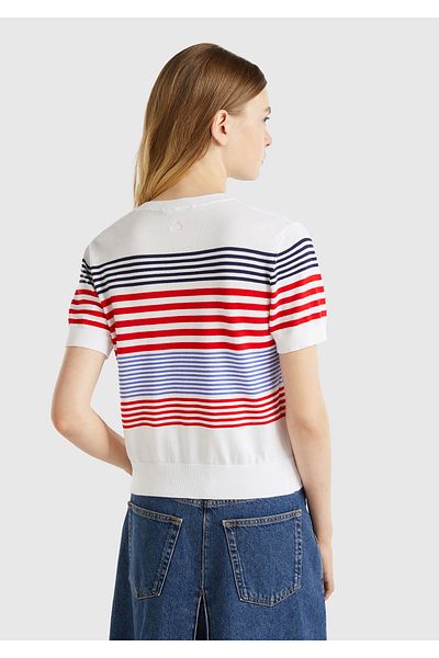 United Colors of Benetton Woman's 100% cotton striped sweater with logo detail on the back and three quarter sleeves