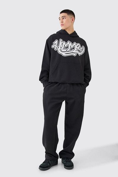Mythologie Black PrintEd HommE Tracksuit SEt - Jogger Sweatshirt, WidE LEg, HoodEd