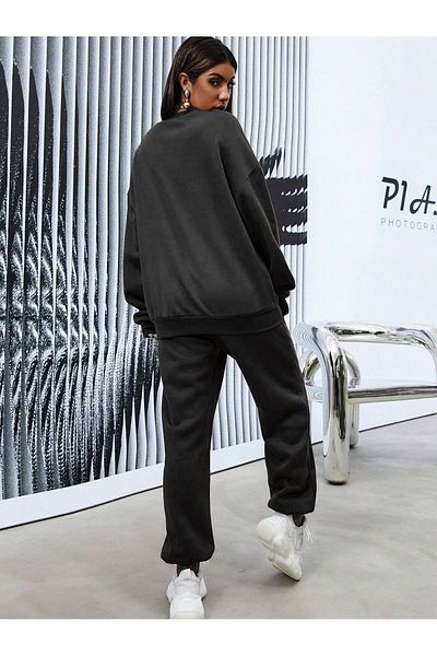 Mythologie Los Angeles Tracksuit Set - Black Printed Suit Jogger Sweatshirt Elastic Leg Crew Neck