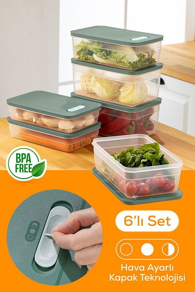 Vienev 6-Piece Adjustable Vegetable and Fruit Storage Container Green 2X (2.5-3.8-5 Liter)