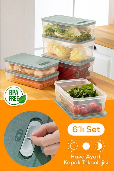 Vienev Mint Colored 6-Piece Adjustable Vegetable and Fruit Storage Set - 2.5-3.8-5 Liters