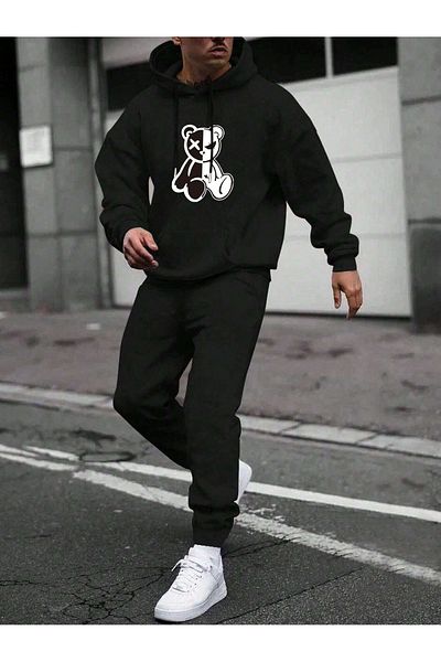 Mythologie Angry Bear Tracksuit Set - Black Printed Suit Jogger Sweatshirt Rubber Leg Hooded