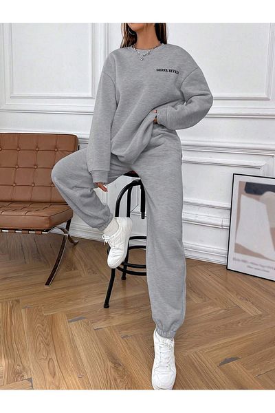 Mythologie Sierra Nevada Tracksuit Set - Gray Printed Suit Jogger Sweatshirt Rubber Leg Crew Neck