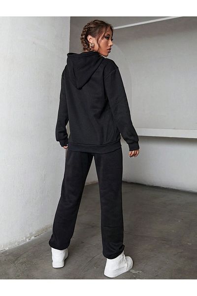 Mythologie Babe Tracksuit Set - Black Printed Bottom Top Set Jogger Sweatshirt Rubber Leg Hooded