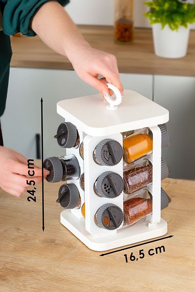 Porsima 1081 Square Rotating Stand Rotating Lid 12-Piece Glass Spice Holder Set-white Anthracite