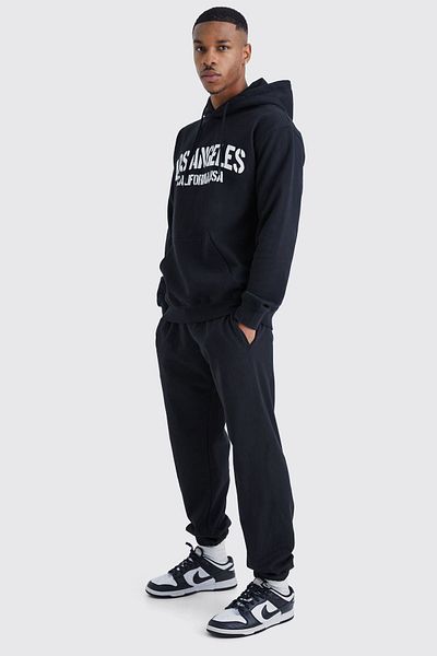 Mythologie Los Angeles California Tracksuit - Black Printed Suit Jogger Sweatshirt Elastic Leg Hooded