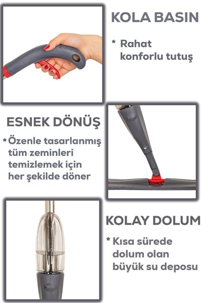 Porsima 13279 Deterjan Hazneli 360 Derece Dönebilen Sprey Mop Yedek Bezli Temizlik Yer Paspası - Antrasit