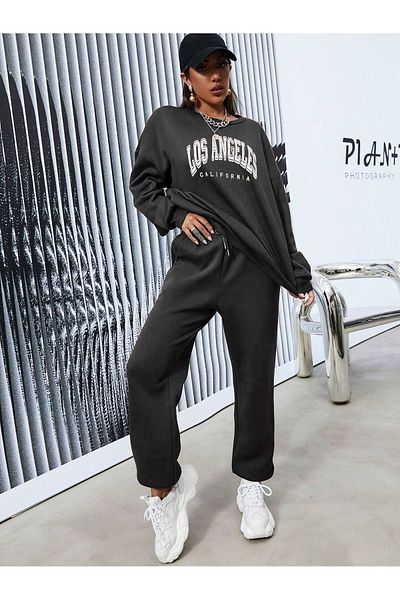 Mythologie Los Angeles Tracksuit Set - Black Printed Suit Jogger Sweatshirt Elastic Leg Crew Neck