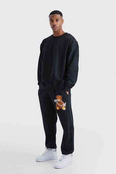 Mythologie Flame-Eyed Bear Tracksuit Set - Black Printed Suit Jogger Sweatshirt Elastic Leg Crew Neck
