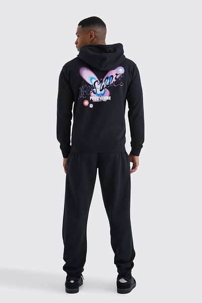Mythologie Pour Homme Butterfly Tracksuit - Black Printed Suit Jogger Sweatshirt Rubber Leg Hooded
