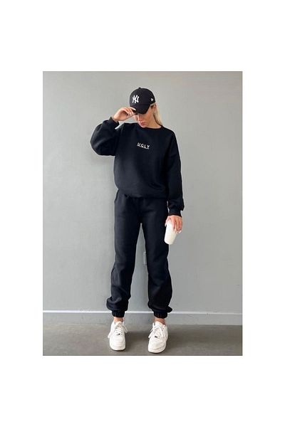 Mythologie Ugly Tracksuit Set - Black Printed Suit Jogger Sweatshirt Elastic Leg Crew Neck