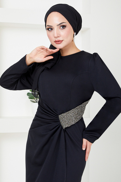 ModaMerve Black Draped Hijab Dress - 5026SL890-M