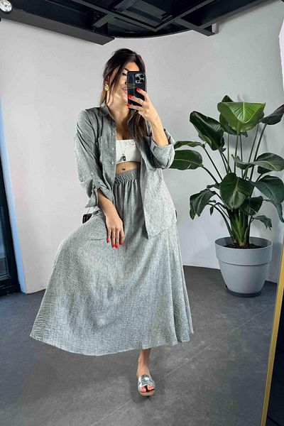 Butik Gardrop Gray Linen Textured Women's Set - Shirt and Skirt