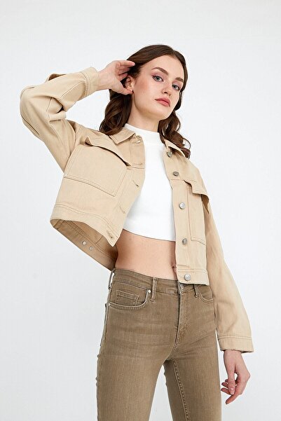 BOSHETTI Kadın Krem Oversize Crop Denim Ceket