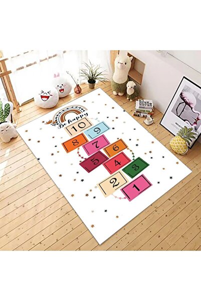 eco concept Beyaz Renk Seksekli Öğretici Oyun Halısı, Kaymaz Taban Halı, Yıka...
