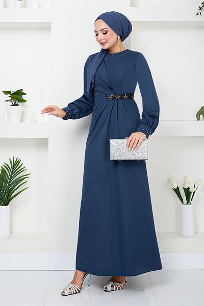 ModaMerve Βραδινό φόρεμα Indigo - Κεντημένο με πέτρα στη μέση, Μοντέλο 5027SL890-M