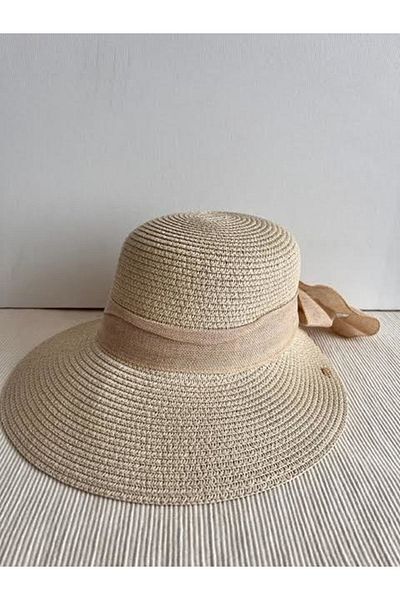 CosmoOutlet Beige Lora Model Straw Bow Beach Hat