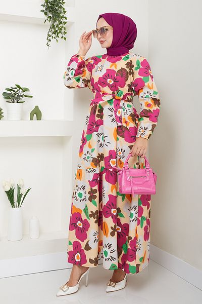 ModaMerve Fuchsia Floral Patterned Dress - ETT10067-M