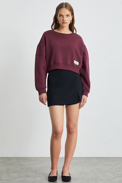 GRIMELANGE ANJALI Oversize Fit 3 fire Raster Gât rotund Mânecă lungă Ornament Etichetă Detaliat Hanorac roșu Claret