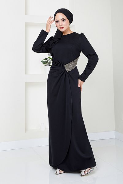 ModaMerve Rochie Hijab Drapată Neagră - 5026SL890-M