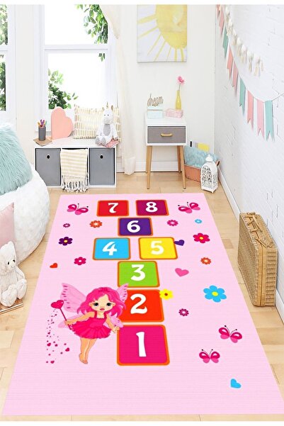 eco concept Pembe Renk Seksekli Öğretici Oyun Halısı, Kaymaz Taban Halı, Yıka...