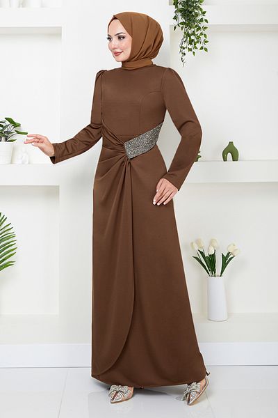 ModaMerve Καφέ ντραπέ Hijab Φόρεμα - 5026SL890-M