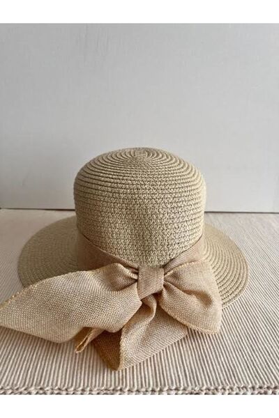 CosmoOutlet Μπεζ Lora Model Straw Bow Καπέλο παραλίας