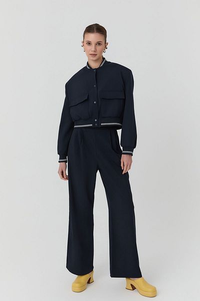 Quzu Rib Detailed Big Pocket Bomber Jacket Navy Blue