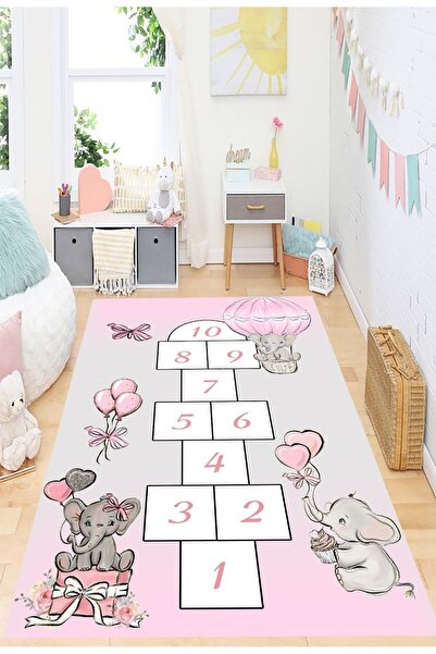 eco concept Pembe-Gri Renk Seksekli Öğretici Oyun Halısı, Kaymaz Taban Halı, Yıkanabilir, Çocuk Odası Halısı