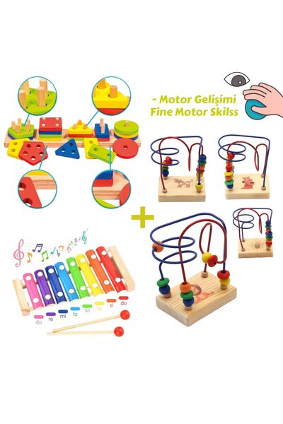 YILDIRIM OYUNCAK Eğitici Ahşap Ksilifon Ahşap Geometrik Şekilli Bultak Ve Ahşap Koordinasyon Helezon 3lü Set