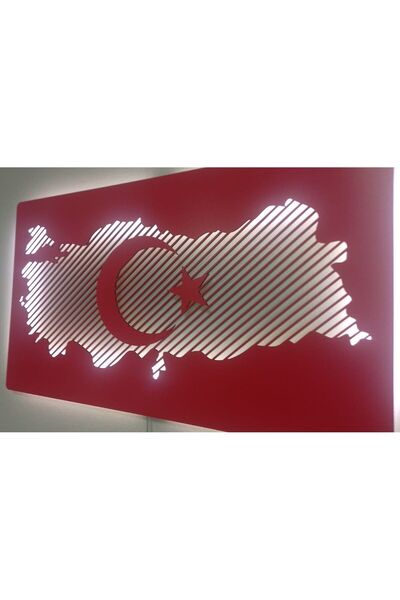 net tasarım Led Işikli Türkiye Haritasi Ahşap Duvar Dekoru Ay Yıldız Bayrak,m...