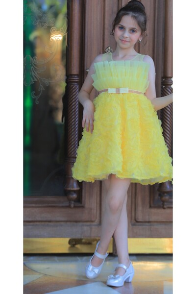 MİSS RAİN ÖN FIRFIR TÜL İNCE TAŞ KEMER DETAYLI ÇİÇEK KABARTMA ETEKLİ KIZ ÇOCUK ABİYE ELBİSE